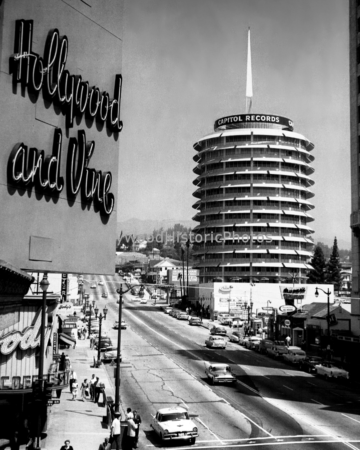 Hollywood Blvd. & Vine St. 1959 View North from Hollywood Blvd. is Capitol Records wm.jpg